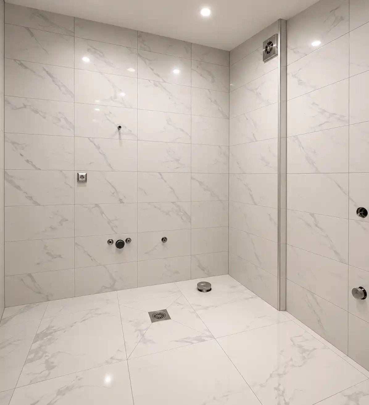 Completed bathroom renovation featuring marble-look wet room