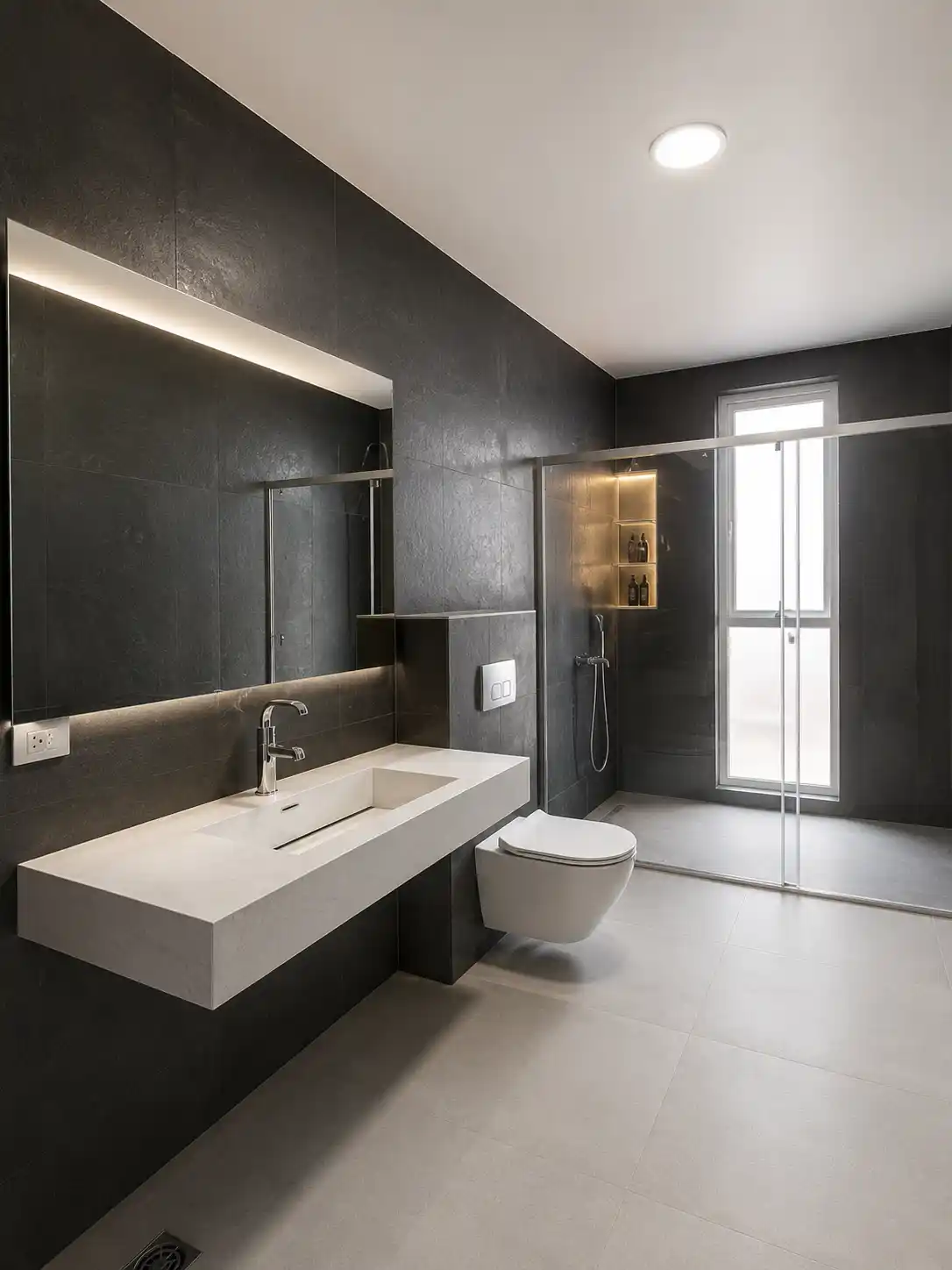 Completed bathroom renovation featuring dark contemporary bathroom