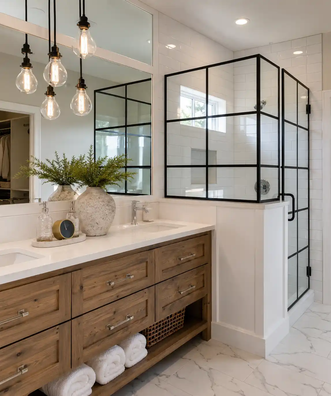 Completed bathroom renovation featuring black-framed shower & wood vanity