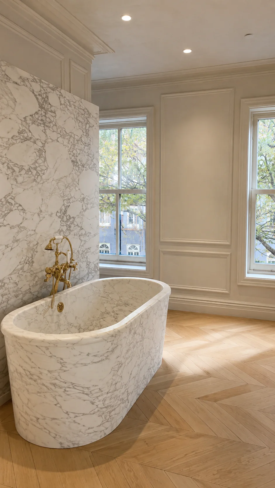 Completed interior renovation featuring marble tub & paneled interior