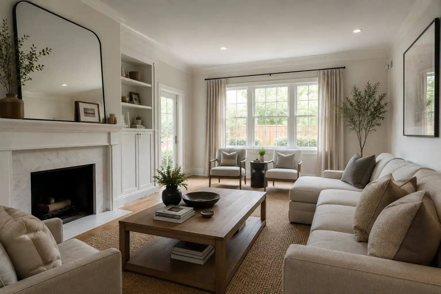 Completed interior renovation featuring bright living room with built-ins