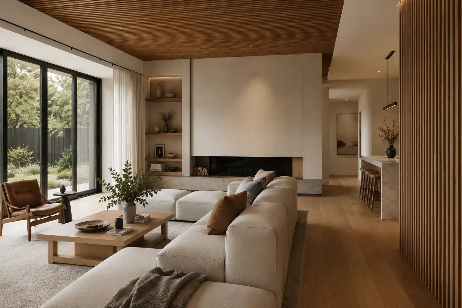 Completed interior renovation featuring wood slat open-plan living room