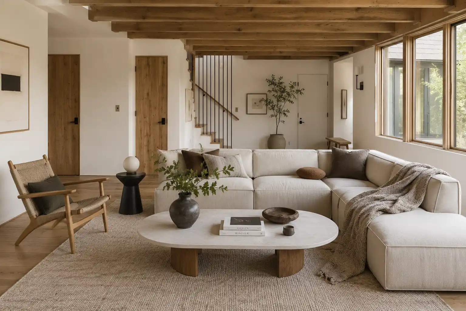 Completed interior renovation featuring exposed-beam living room