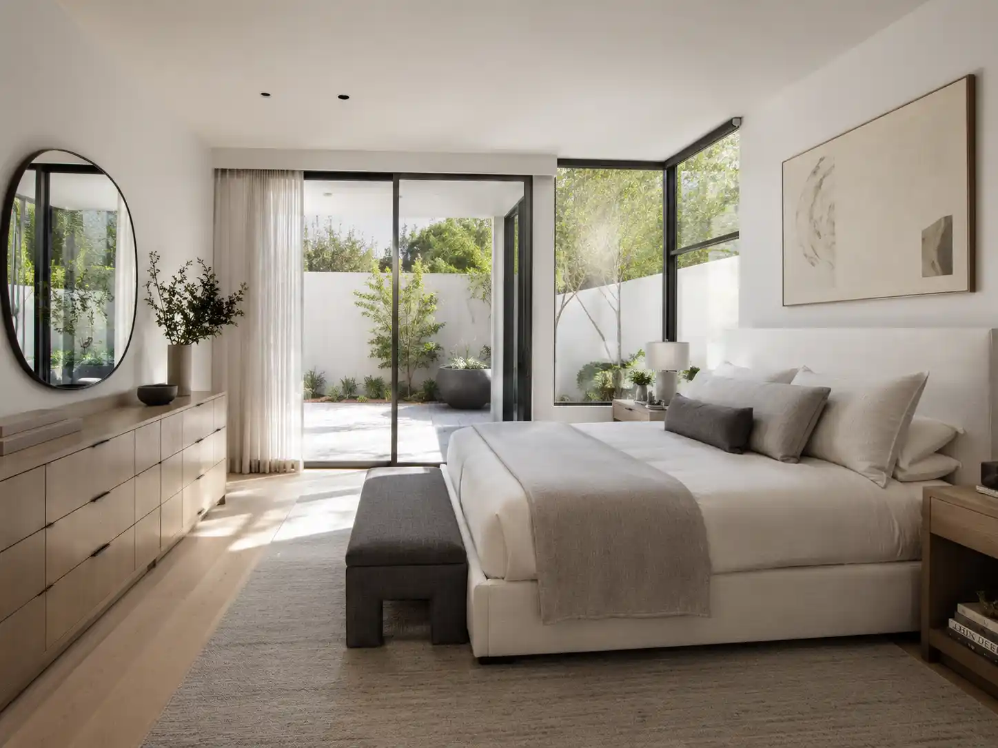 Completed interior renovation featuring garden-facing modern bedroom