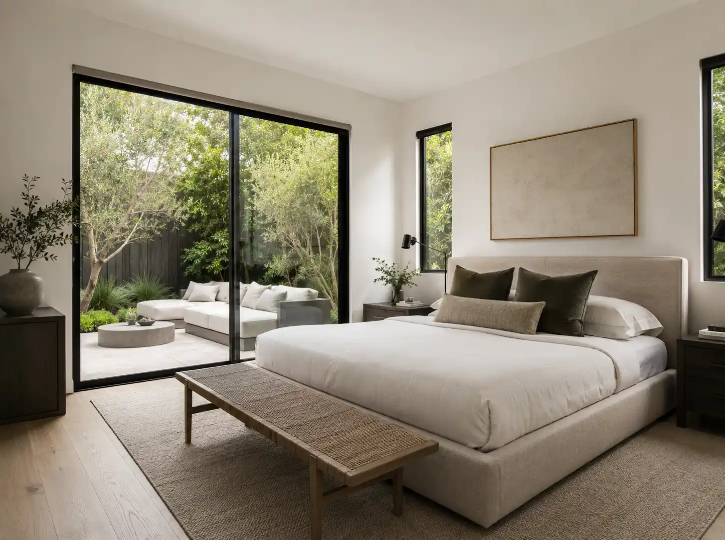 Completed interior renovation featuring courtyard bedroom with sliding glass
