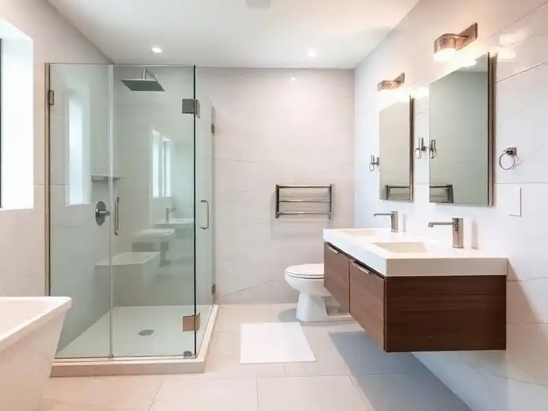 Renovated modern bathroom with glass shower and floating vanity