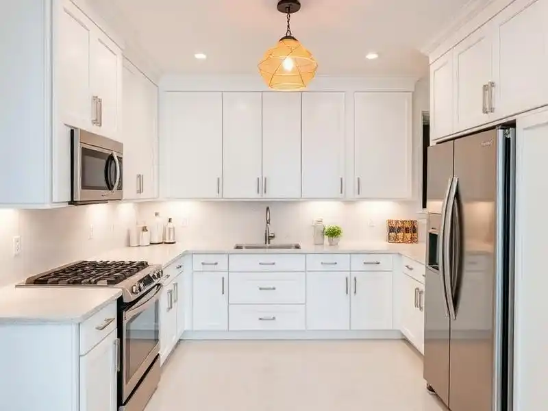 Newly remodeled kitchen with white cabinets and quartz countertops